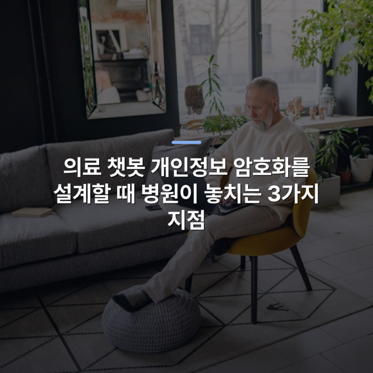 의료 챗봇 개인정보 암호화를 설계할 때 병원이 놓치는 3가지 지점 · 사진: Elderly man in sweater using laptop at home in modern living room, daytime.
